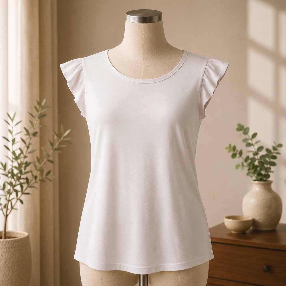 NWT T Tahari Ruffle‎ Sleeve Top Womens Small Sand Beige Viscose Blend Flutter S